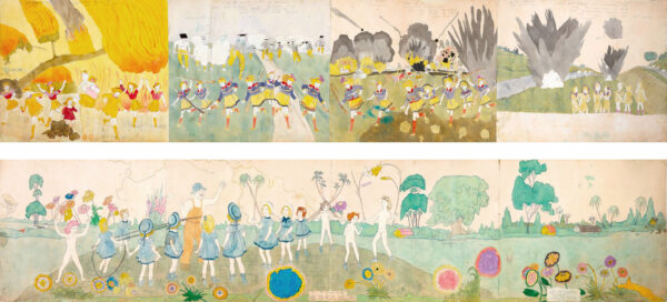 DARGER Henry.  Plain [...] Back knowing the way out saves them (At the second battle of Marocino...) (recto) / At Jennie Richie – and force him to make them pass through the enemy lines... (verso). Collages, gouache, mine de plomb et encre sur papier. 48 x 241,5 cm 