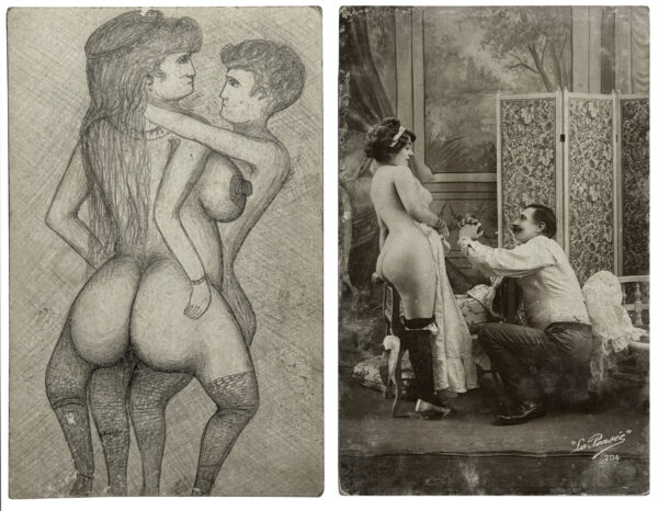 ANONYME. Sans titre. Vers 1900. Cartes postales érotiques, rehaussées à la mine de plomb. Au verso, dessins à la mine de plomb. 14 × 9,2 cm.