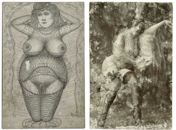 ANONYME. Sans titre. Vers 1900. Cartes postales érotiques, rehaussées à la mine de plomb. Au verso, dessins à la mine de plomb. 14 × 9,2 cm.