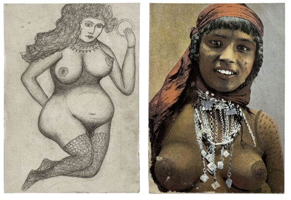 ANONYME. Sans titre. Vers 1900. Cartes postales érotiques, rehaussées à la mine de plomb. Au verso, dessins à la mine de plomb. 14 × 9,2 cm.