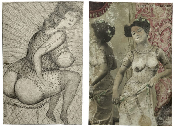 ANONYME. Sans titre. Vers 1900. Cartes postales érotiques, rehaussées à la mine de plomb. Au verso, dessins à la mine de plomb. 14 × 9,2 cm.