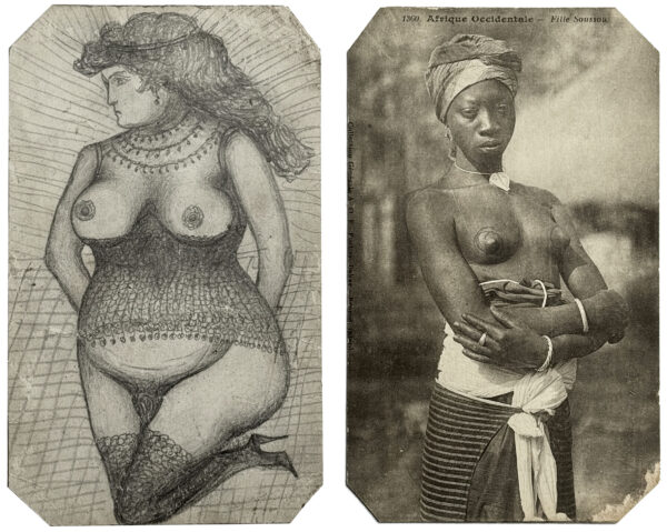 ANONYME. Sans titre. Vers 1900. Cartes postales érotiques, rehaussées à la mine de plomb. Au verso, dessins à la mine de plomb. 14 × 9,2 cm.