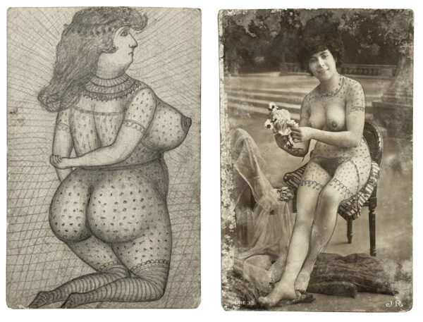 ANONYME. Sans titre. Vers 1900. Cartes postales érotiques, rehaussées à la mine de plomb. Au verso, dessins à la mine de plomb. 14 × 9,2 cm.