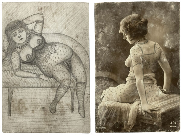 ANONYME. Sans titre. Vers 1900. Cartes postales érotiques, rehaussées à la mine de plomb. Au verso, dessins à la mine de plomb. 14 × 9,2 cm.