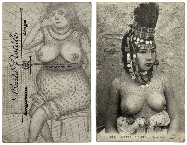 ANONYME. Sans titre. Vers 1900. Cartes postales érotiques, rehaussées à la mine de plomb. Au verso, dessins à la mine de plomb. 14 × 9,2 cm.