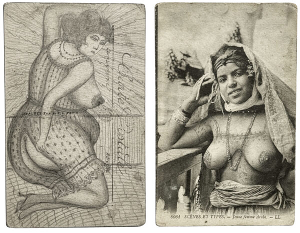 ANONYME. Sans titre. Vers 1900. Cartes postales érotiques, rehaussées à la mine de plomb. Au verso, dessins à la mine de plomb. 14 × 9,2 cm.