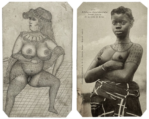 ANONYME. Sans titre. Vers 1900. Cartes postales érotiques, rehaussées à la mine de plomb. Au verso, dessins à la mine de plomb. 14 × 9,2 cm.