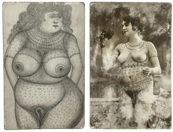 ANONYME. Sans titre. Vers 1900. Cartes postales érotiques, rehaussées à la mine de plomb. Au verso, dessins à la mine de plomb. 14 × 9,2 cm.