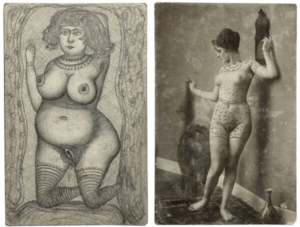 ANONYME. Sans titre. Vers 1900. Cartes postales érotiques, rehaussées à la mine de plomb. Au verso, dessins à la mine de plomb. 14 × 9,2 cm.