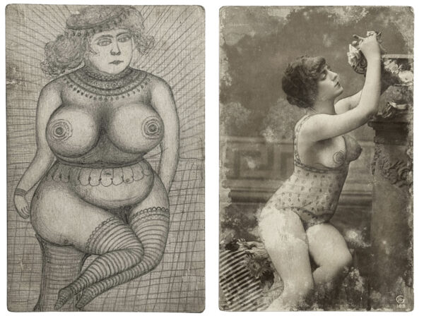 ANONYME. Sans titre. Vers 1900. Cartes postales érotiques, rehaussées à la mine de plomb. Au verso, dessins à la mine de plomb. 14 × 9,2 cm.