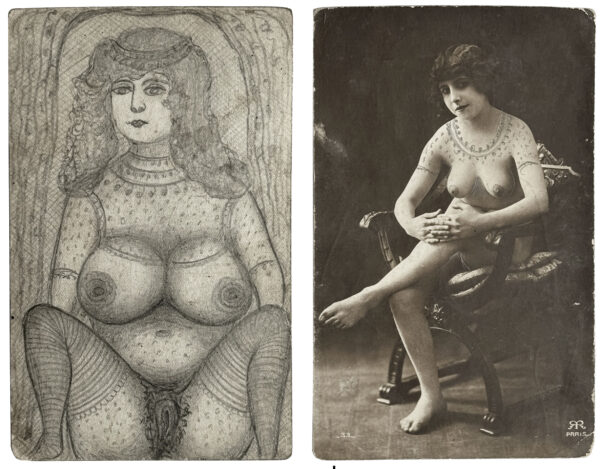 ANONYME. Sans titre. Vers 1900. Cartes postales érotiques, rehaussées à la mine de plomb. Au verso, dessins à la mine de plomb. 14 × 9,2 cm.