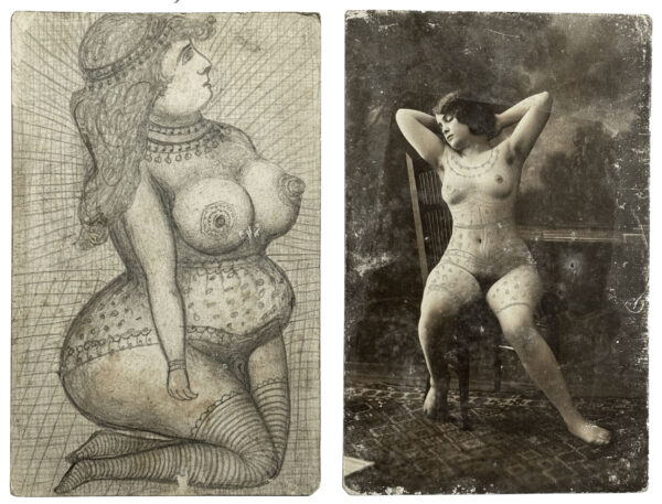ANONYME. Sans titre. Vers 1900. Cartes postales érotiques, rehaussées à la mine de plomb. Au verso, dessins à la mine de plomb. 14 × 9,2 cm.