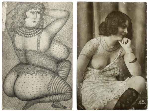 ANONYME. Sans titre. Vers 1900. Cartes postales érotiques, rehaussées à la mine de plomb. Au verso, dessins à la mine de plomb. 14 × 9,2 cm.