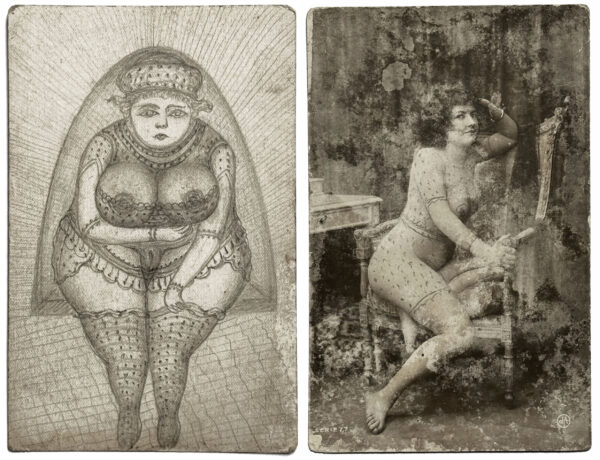 ANONYME. Sans titre. Vers 1900. Cartes postales érotiques, rehaussées à la mine de plomb. Au verso, dessins à la mine de plomb. 14 × 9,2 cm. 