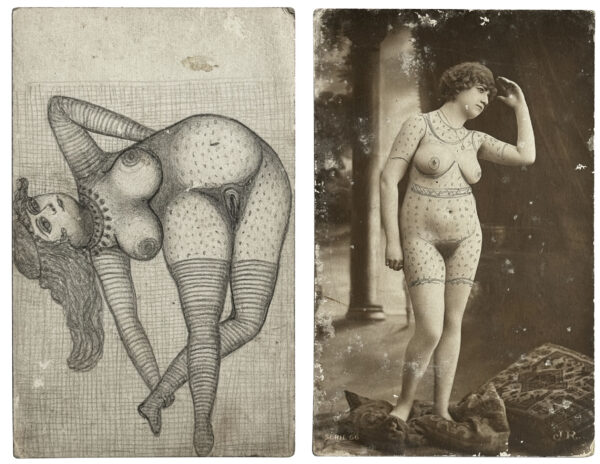 ANONYME. Sans titre. Vers 1900. Cartes postales érotiques, rehaussées à la mine de plomb. Au verso, dessins à la mine de plomb. 14 × 9,2 cm.