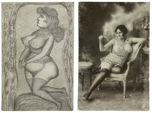 ANONYME. Sans titre. Vers 1900. Cartes postales érotiques, rehaussées à la mine de plomb. Au verso, dessins à la mine de plomb. 14 × 9,2 cm.