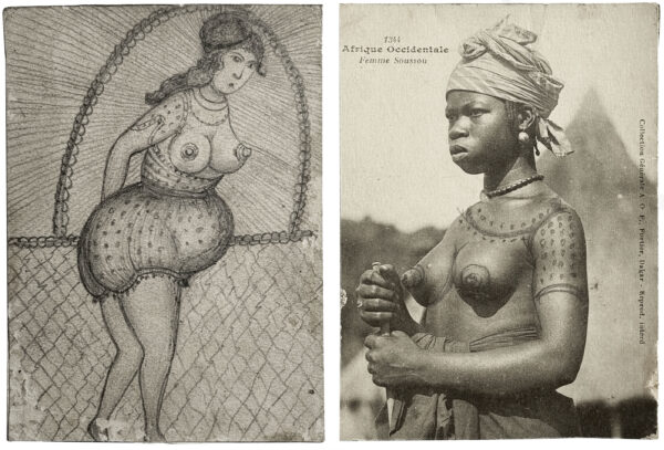 ANONYME. Sans titre. Vers 1900. Cartes postales érotiques, rehaussées à la mine de plomb. Au verso, dessins à la mine de plomb. 14 × 9,2 cm.