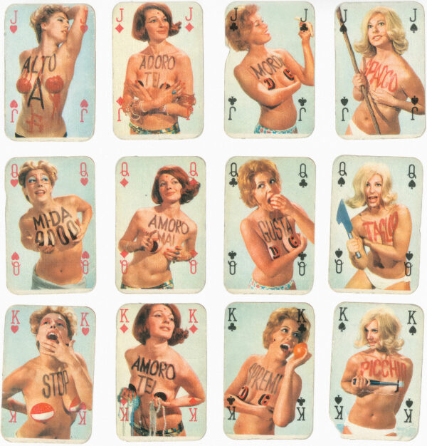 ANONYME. Sans titres. Vers 1960. Ensemble de 12 cartes à jouer imprimées. 5x3,3cm chacune.