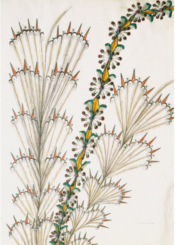 ZEMANKOVA Anna. Sans titre. Entre 1965 et 1973. Crayon de couleur, pastel sur papier, papier découpé et fil de laine. Signé. 62 x 45 cm 