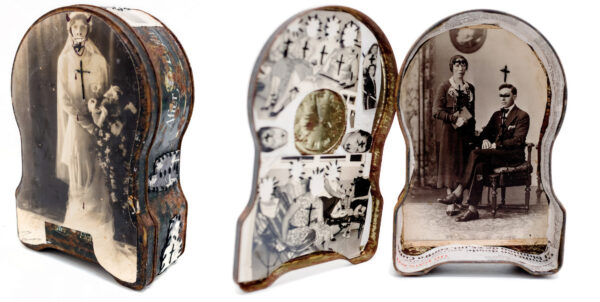 CADI Jorge Alberto Hernández. Sans titre. Vers 2015. Collage (coupures de presse, tirages argentiques d’époque) et broderie, montage dans une boîte en métal et sur les faces extérieures. 22 × 14 × 7 cm