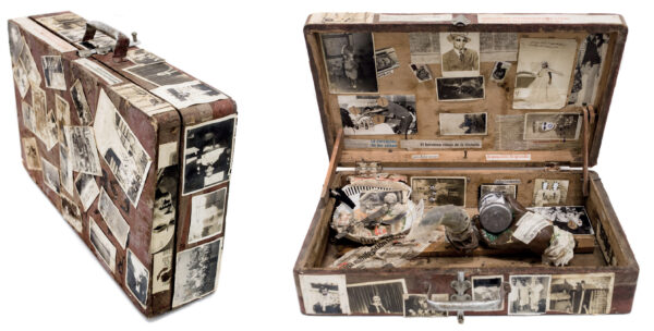CADI Jorge Alberto Hernández . Sans titre. Vers 2015. Collage (coupures de presse, tirages argentiques d’époque, objets divers), encre et broderie, montage dans une valise en bois et sur les faces extérieures. 16 × 66,2 × 40,4 cm