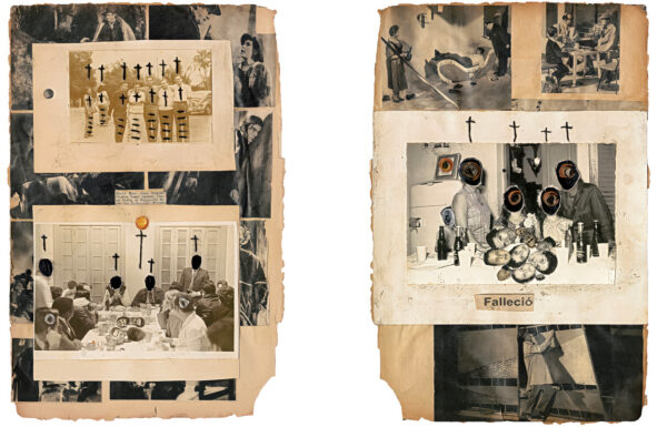 CADI Jorge Alberto Hernández . Sans titre. Vers 2015. Collage (coupures de presse, tirages argentiques d’époque, papier, plaquettes de médicament) et broderie sur papier, recto-verso. 37 × 24 cm