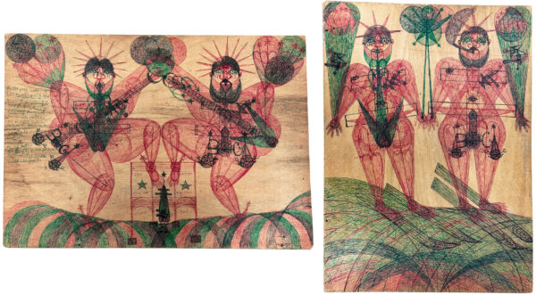 DOMSIC Janko. Sans titre. Vers 1970. Stylo à bille sur contreplaqué. 37 X 53 cm