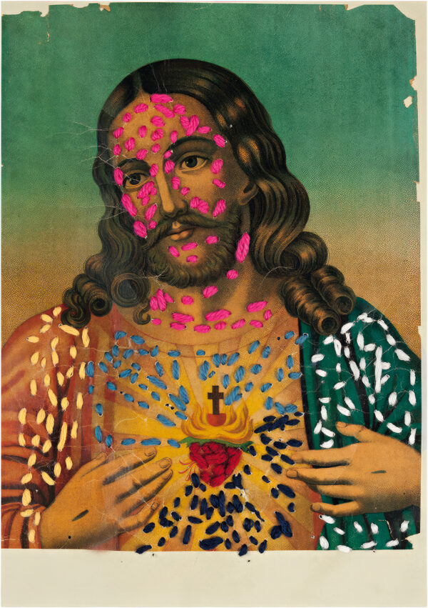 TANGETEN Elke. Sans titre. 2013. Broderie sur chromolithographie, collée sur papier. 29,7 × 21 cm