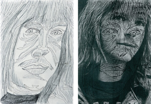 THEATE Dominique. Sans titre. 2014. À g. : graphite sur papier / à d. : monotype sur papier imprimé (photographie de magazine). 42 × 29,7 cm chacun
