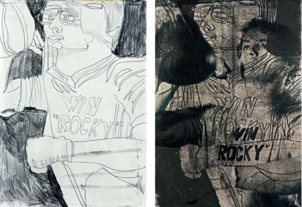 THEATE Dominique. Sans titre. 2014. À g. : graphite sur papier / à d. : monotype sur papier imprimé (photographie de magazine). 42 × 29,7 cm chacun