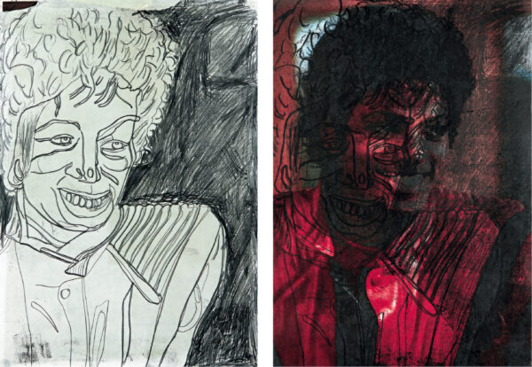 THEATE Dominique. Sans titre. 2014. À g. : graphite sur papier / à d. : monotype sur papier imprimé (photographie de magazine). 42 × 29,7 cm chacun