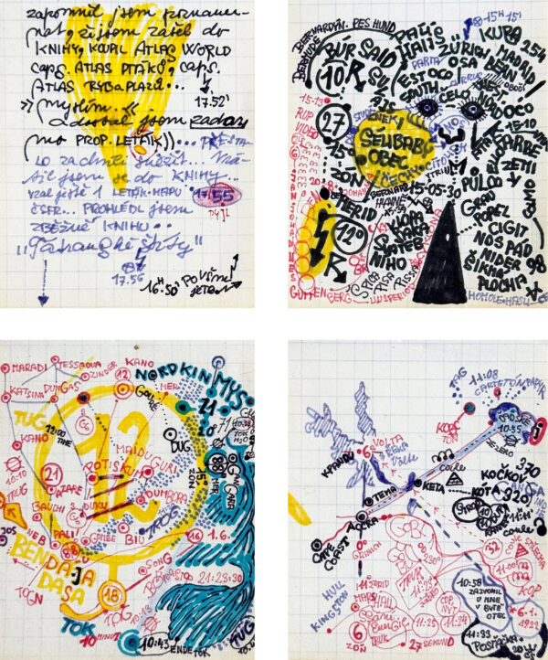 KOSEK Zdenek. Sans titre. Vers 1980. Encre et marqueur sur papier (4 feiilles) 9 x 7,5 cm chacune