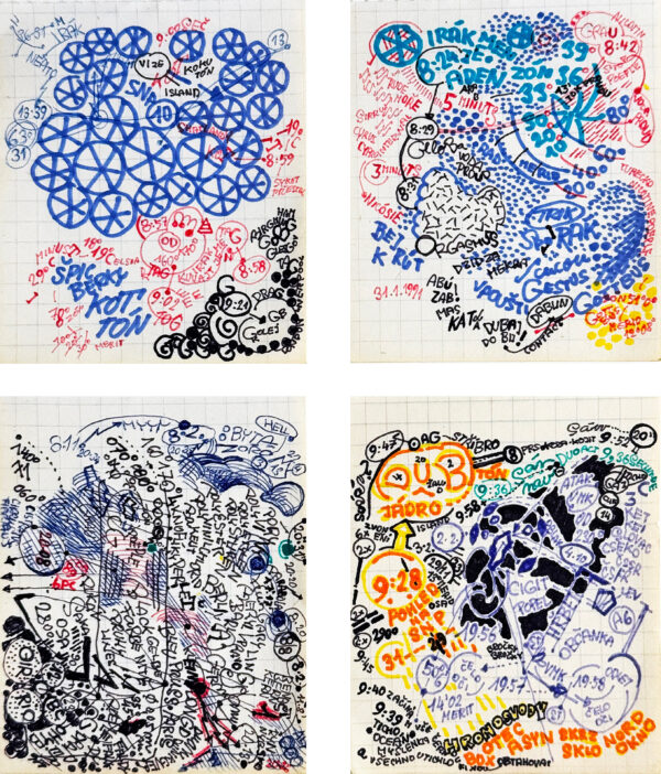 KOSEK Zdenek. Sans titre. Vers 1980. Encre et marqueur sur papier (4 feiilles) 9 x 7,5 cm chacune