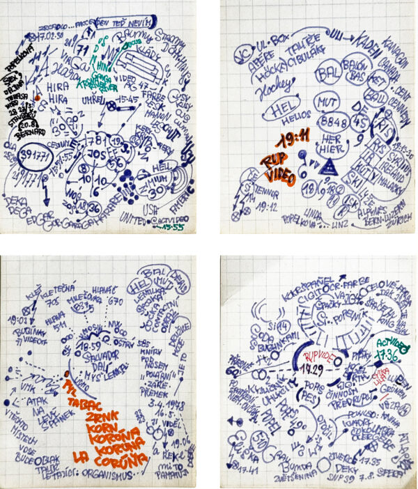 KOSEK Zdenek. Sans titre. Vers 1980. Encre et marqueur sur papier (4 feiilles) 9 x 7,5 cm chacune