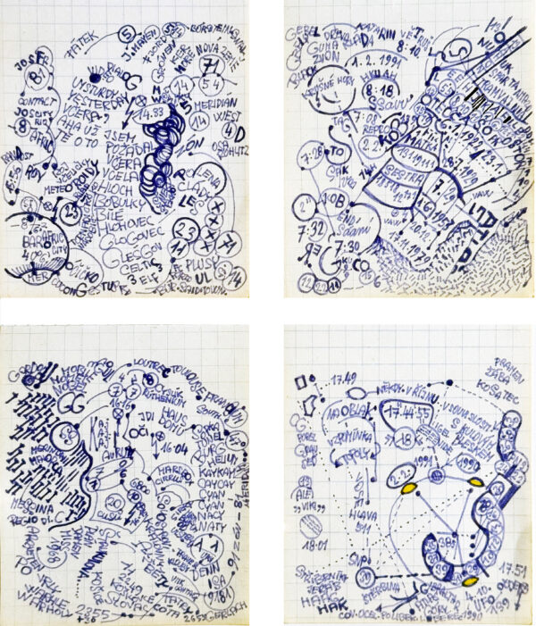 KOSEK Zdenek. Sans titre. Vers 1980. Encre et marqueur sur papier (4 feiilles) 9 x 7,5 cm chacune