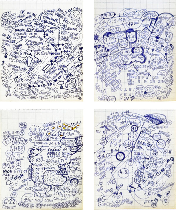 KOSEK Zdenek. Sans titre. Vers 1980. Encre et marqueur sur papier (4 feiilles) 9 x 7,5 cm chacune