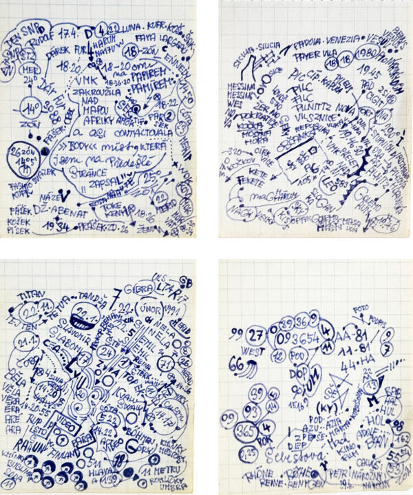 KOSEK Zdenek. Sans titre. Vers 1980. Encre et marqueur sur papier (4 feiilles) 9 x 7,5 cm chacune
