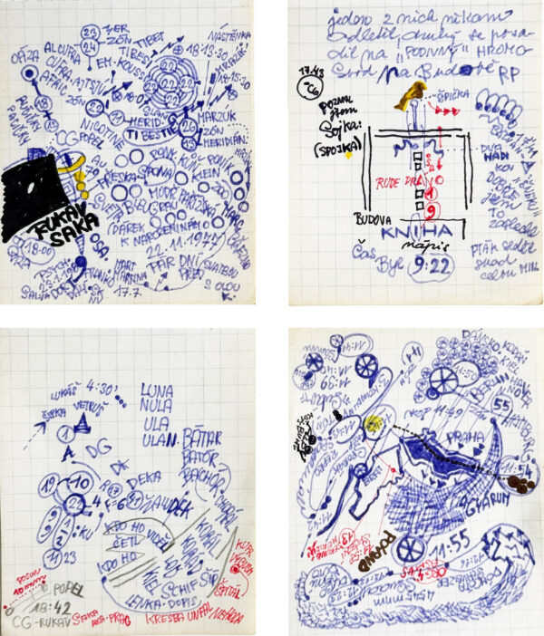 KOSEK Zdenek. Sans titre. Vers 1980. Encre et marqueur sur papier (4 feiilles) 9 x 7,5 cm chacune
