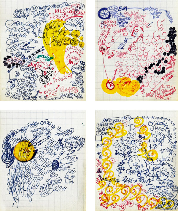 KOSEK Zdenek. Sans titre. Vers 1980. Encre et marqueur sur papier (4 feiilles) 9 x 7,5 cm chacune