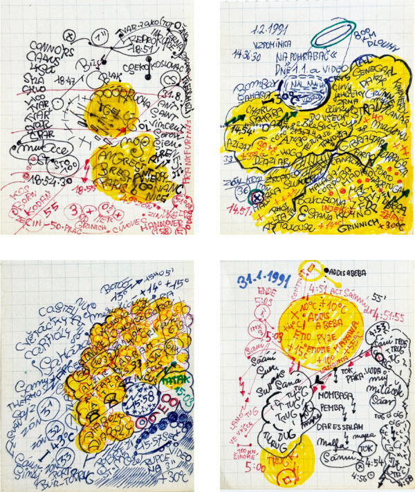 KOSEK Zdenek. Sans titre. Vers 1980. Encre et marqueur sur papier (4 feiilles) 9 x 7,5 cm chacune