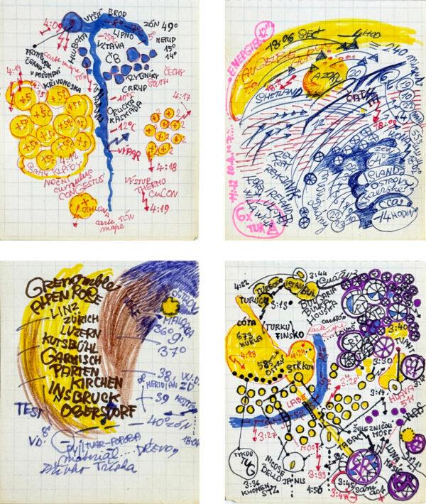 KOSEK Zdenek. Sans titre. Vers 1980. Encre et marqueur sur papier (4 feiilles) 9 x 7,5 cm chacune