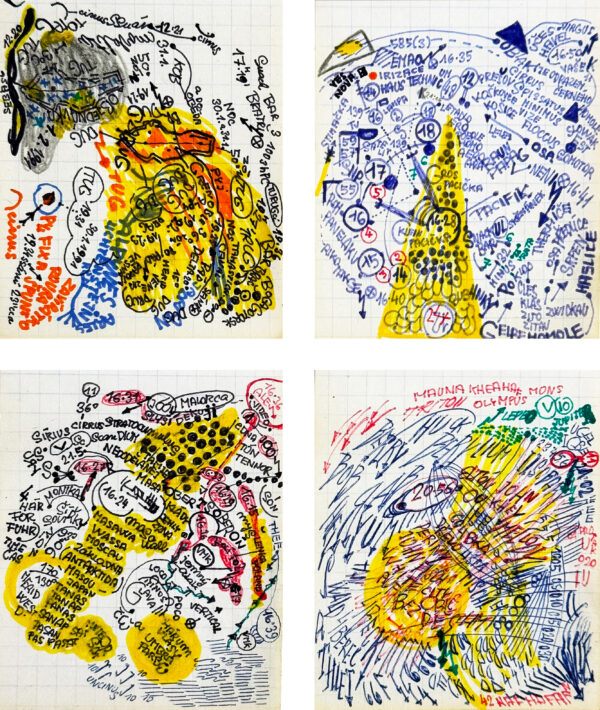KOSEK Zdenek. Sans titre. Vers 1980. Encre et marqueur sur papier (4 feiilles) 9 x 7,5 cm chacune