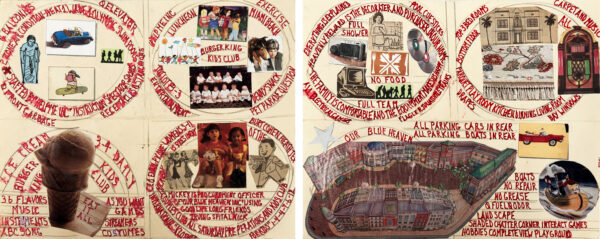 SCHWARTZ Milton. Sans titre [recto et verso]. Avant 2007. Collage (coupures de presse, dessins à l’encre et au crayon de couleur), encre et crayon de couleur sur papier, recto verso. 19 × 23 cm